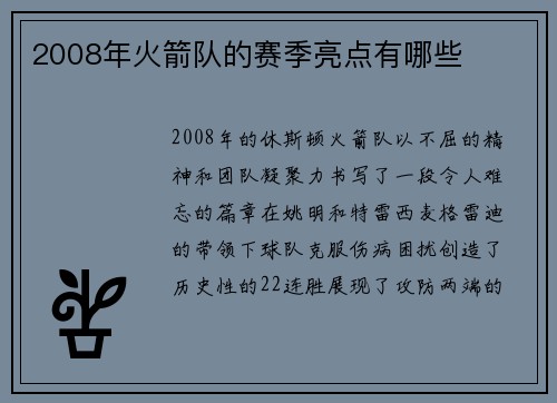 2008年火箭队的赛季亮点有哪些